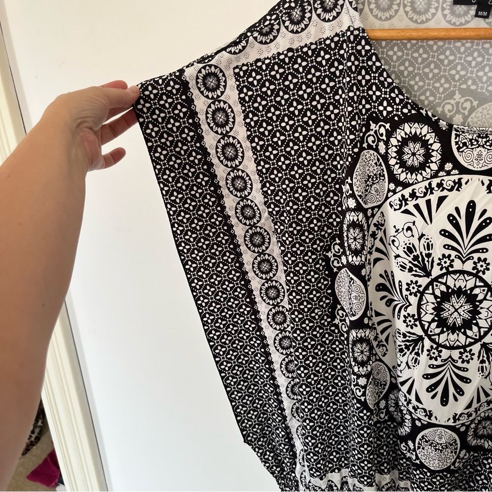 Lily Morgan Black White Boho Tunic Top Medium Dolman Sleeve Kaftan Blouse - Picture 5 of 9